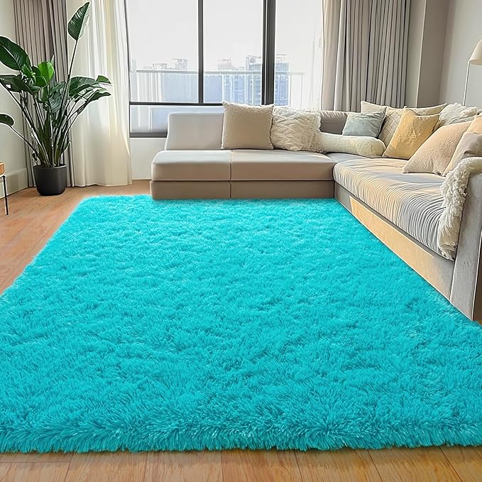 Teal Blue Shag Rug for Bedroom, 4x5.9 Feet Fluffy Area Rugs for Living Room and Nursery, Soft and Comfy, Fuzzy Carpet for Girls Boys Kids Room Dorm Home Decor Aesthetic, Upgrade Non Slip