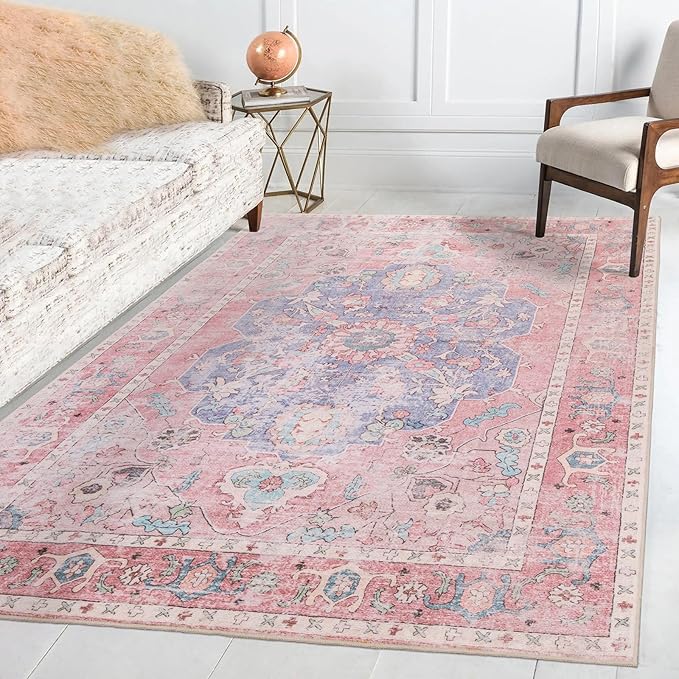 Area Rug 5x7 - Vintage Honeycomb Non Slip Backing Carpet - Ocean Pink Mixed Softer Thicker Faux Wool Rug - Foldable & Machine Washable Rugs for Living Room Bedroom Dining Room Home Office