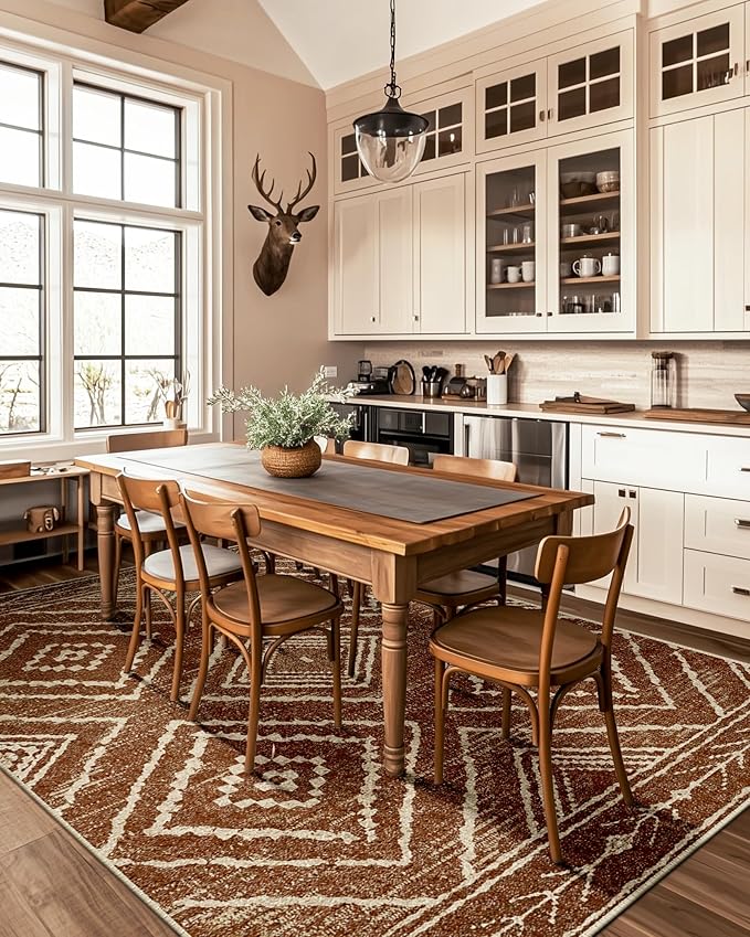 Area Rug 9x12 Rug Machine Washable Non-Slip Low Pile Print Pattern Western Rug for Living Room Bedroom Entryway Tribal Series -Yellowbrown/Cream