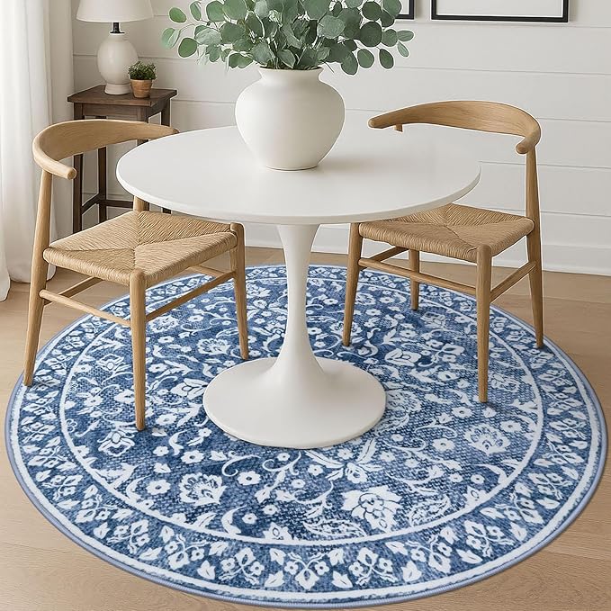 Blue and White Round Rug 6 Ft Rugs for Entryway Washable Circle Rug Non Slip Round Living Room Rugs Printed Faux Wool Vintage Round Dining Room Floor Carpet for Living Room, Bedroom