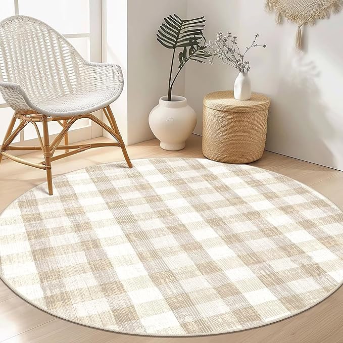 COLORPAPA Checkered Area Rug 4 Ft, Washable Round Rugs for Living Room, Modern Neutral Non Slip Indoor Carpet for Bedroom Office Patio Dining Room (Beige)