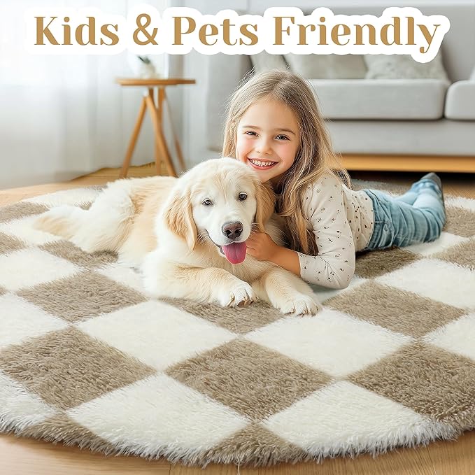 KICMOR Round Rugs 5ft for Bedroom Living Room, Fluffy Soft Circle Area Rug Fuzzy Shag Shaggy Carpet, Beige and Cream White Checkered Circular Rug for Kids Girls Boys Nursery Home Decor Aesthetic