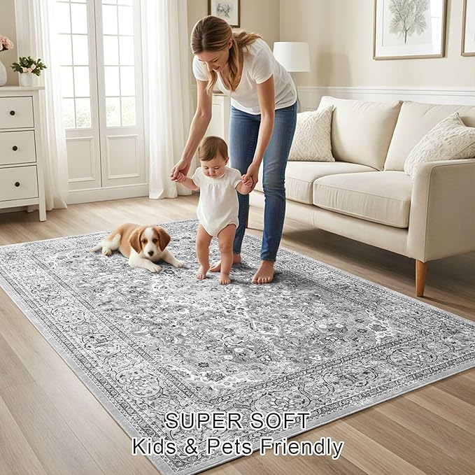 5x7 Grey Washable Boho Area Rug for Bedroom, Vintage Floral Non Slip Living Room Rugs, Soft Low Pile Indoor Mat, Aesthetic Pattern Carpet for Kitchen and Dining Room