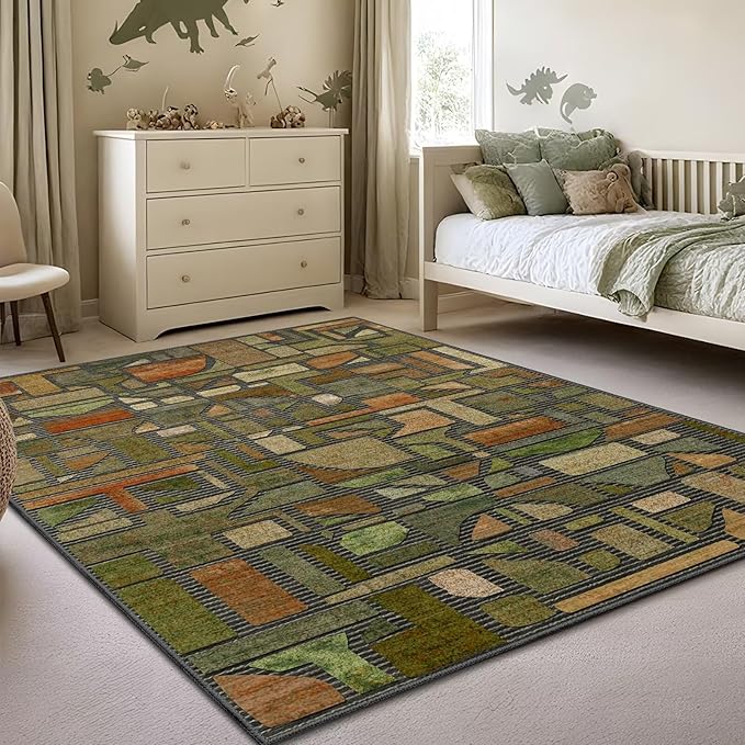 DEXDE Area Rug 3x5, Vintage Checkered Abstract Rugs for Living Room, Washable Modern Non Slip Soft Low Pile Indoor Floor Carpet for Bedroom Office Nursery Bedside Dining, Green