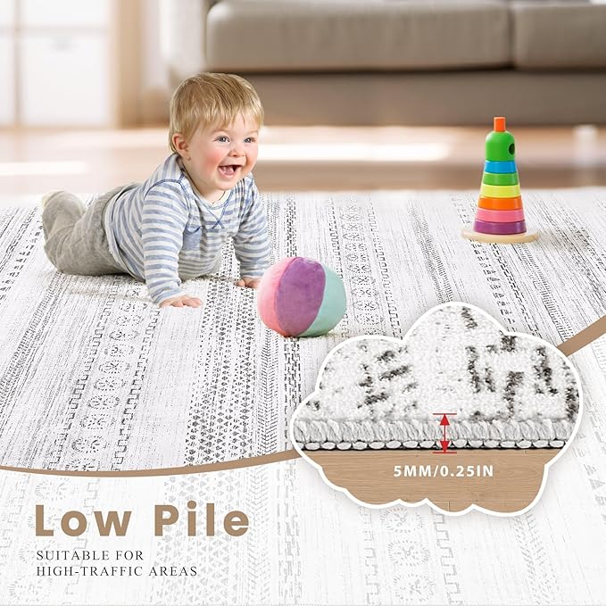Area Rug Living Room Rugs - 2X3 Washable Boho Farmhouse Bohemian Neutral Large Moroccan Geometric Soft No Slip Indoor Thin Floor Carpet for Bedroom Under Dining Table Home Office - Grey