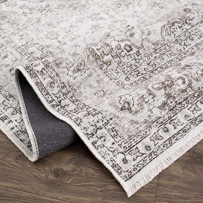 Hauteloom Ikatra Bohemian Vintage Medallion Area Rug - Farmhouse Oriental Carpet for Living Room, Bedroom - Machine Washable- Pearl, Dark Brown, Brown - 6'7" x 9'