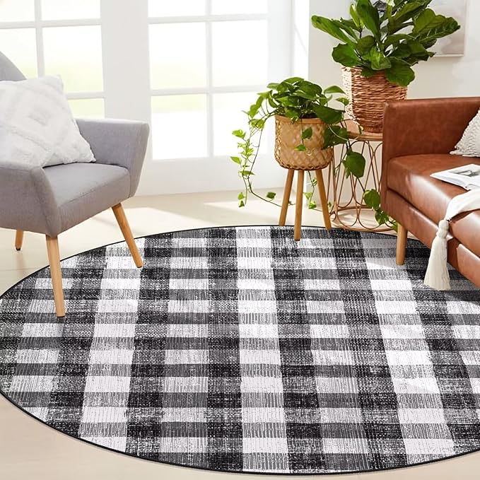COLORPAPA Checkered Area Rug 6 Ft, Washable Round Rugs for Living Room, Modern Neutral Non Slip Indoor Carpet for Bedroom Office Patio Dining Room (Black and White)