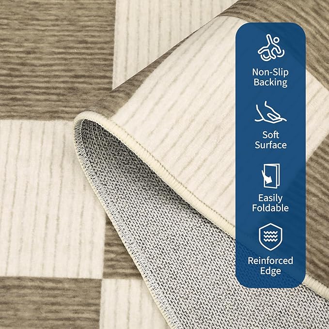 GarveeHome 2x6 Kitchen Runner Rug Non Slip Washable Area Rug for Front Door, Entryway, Hallway, Distressed Checkered Mat Low Pile Neutral Area Rug Stain Resistant Farmhouse Rugs Beige and Brown Rug