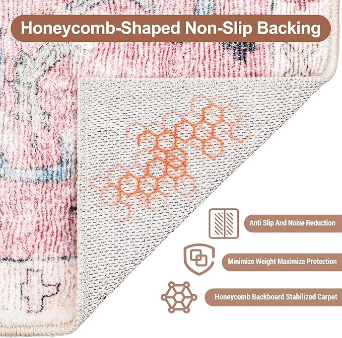 Area Rug 5x7 - Vintage Honeycomb Non Slip Backing Carpet - Ocean Pink Mixed Softer Thicker Faux Wool Rug - Foldable & Machine Washable Rugs for Living Room Bedroom Dining Room Home Office