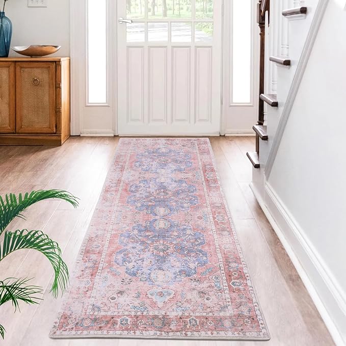 Hallway Runner Rug, 2x8 Vintage Pink Area Rug, Honeycomb Non Slip Kitchen Runner Rugs, Washable Soft Faux Wool Rug for Hallways Entryway Kitchen Laundry Bedroom