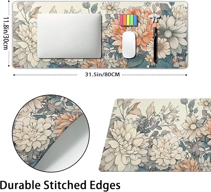 Japanese Aesthetic Floral Gaming Mouse Pad XL Vintage Orange White Flowers Extended Large Mat Mousepad Desk Pad Non-Slip Rubber Base Stitched Edge Long Keyboard Pad for Computer,31.5×11.8 Inch
