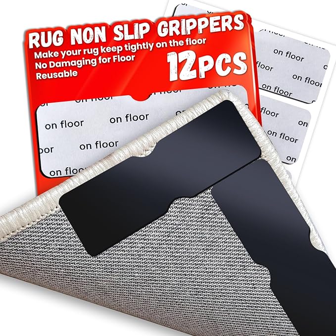 Rug Non Slip Grippers, Reusable Rug Tape Pads for Hardwood Floors, Laminate Floor, Tiles, No Residue on Flooring, Strong Adhesive Carpet Tape for Area Rugs, Keep Corners Flat (12)