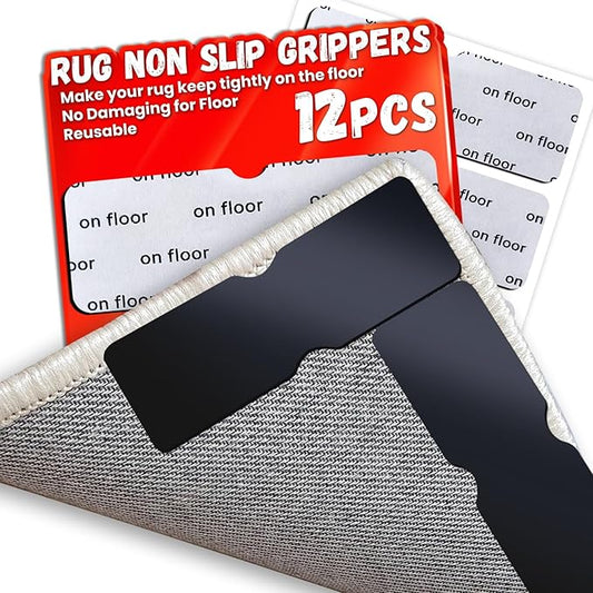 Rug Non Slip Grippers, Reusable Rug Tape Pads for Hardwood Floors, Laminate Floor, Tiles, No Residue on Flooring, Strong Adhesive Carpet Tape for Area Rugs, Keep Corners Flat (12)