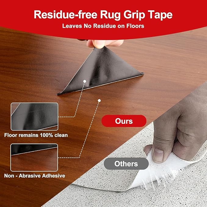 24Pcs Rug Gripper Pads, Non-Slip Corner Carpet Tape for Extra-Large Area Rugs, Double Sided Rug Pads Grippers for Hardwood Floors and Tiles, Prevent Curling and Bunching, Black