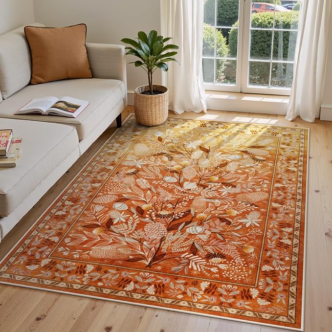 Anidaroel Washable Area Rugs 5x7, Botanical Floral Rugs for Living Room, Non-Slip Soft Rugs for Bedroom Modern Abstract Rug, Stain Resistant Accent Floor Carpet for Office Dining Room, Orange