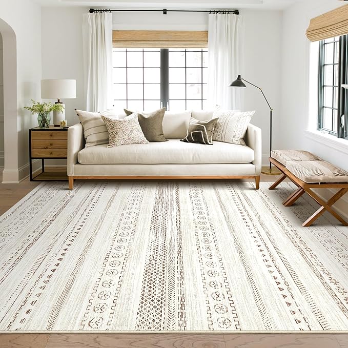 Area Rug Living Room Rugs - 5X8 Washable Boho Farmhouse Bohemian Neutral Large Moroccan Geometric Soft No Slip Indoor Thin Floor Carpet for Bedroom Under Dining Table Home Office - Brown