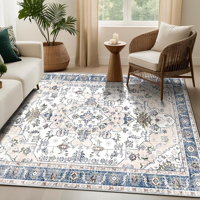 Area Rugs 5x7, Washable Rugs for Living Room, Non-Slip Rug, Boho Medallion Rug, Distressed Carpet, Low Pile Boho Rugs for Bedroom Dining Room
