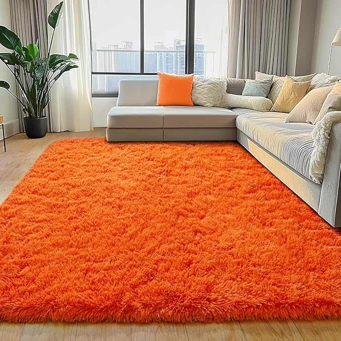 Orange Shag Rug for Bedroom, 4x5.9 Feet Fluffy Area Rugs for Living Room and Nursery, Soft and Comfy, Fuzzy Carpet for Girls Boys Kids Dorm Home Decor Aesthetic, Upgrade Non Slip