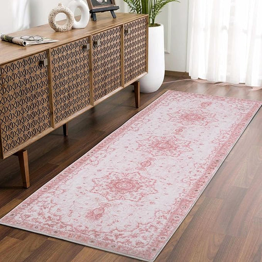 Hallway Runner Rug, 2x6 Washable Pink Area Rug, Honeycomb Non Slip Kitchen Runner Rugs, Soft Faux Wool Carpet for Hallways Entryway Kitchen Laundry Bedroom