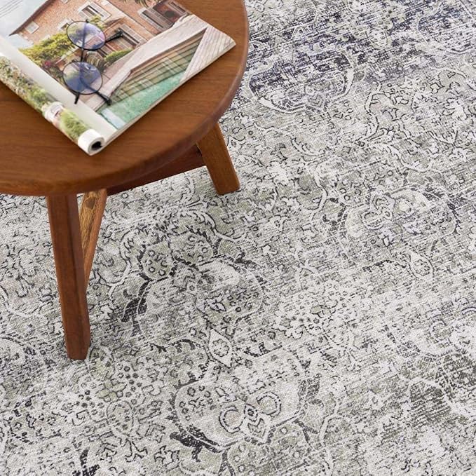 Hauteloom Arista Bohemian Vintage Medallion Area Rug - Farmhouse Oriental Carpet for Living Room, Bedroom - Machine Washable - Gray - 6'7" x 9'