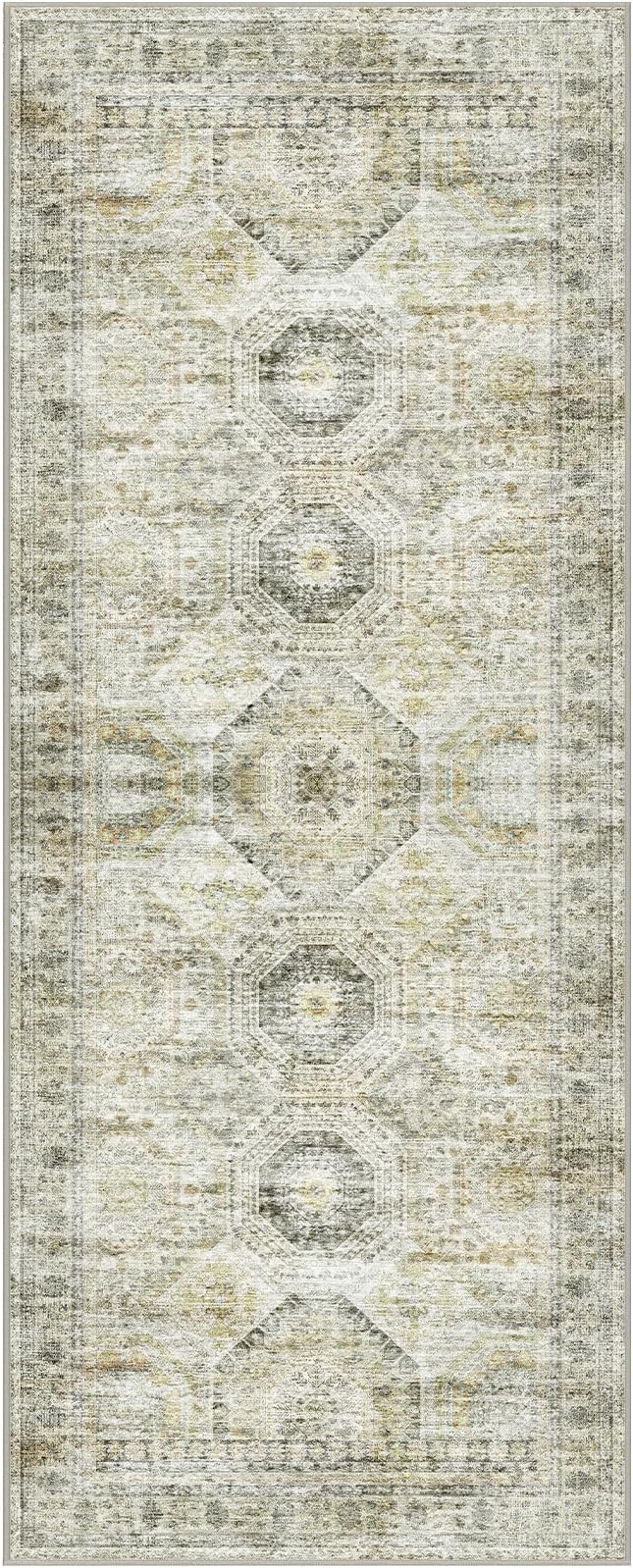 2x5 Rug Runner Washable for Entryway, Soft Bathroom Rugs with Non-Slop Backing, Abstract Low Pile Hallway Runner, Vintage Small Kitchen Carpet for Stair, Laundry Room(2'x5', Grey/Yellow)