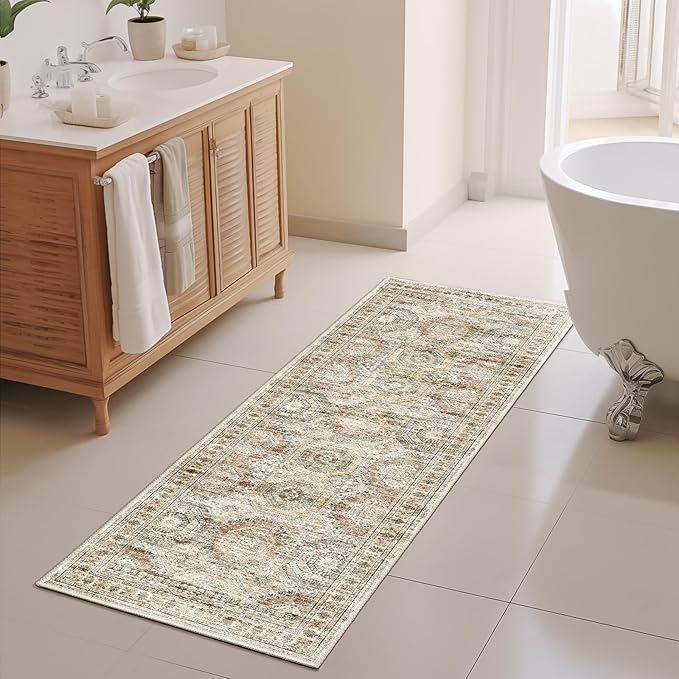 2x5 Rug Runner Washable for Entryway, Soft Bathroom Rugs with Non-Slop Backing, Abstract Low Pile Hallway Runner, Vintage Small Kitchen Carpet for Stair, Laundry Room(2'x5', Brown/Pink)