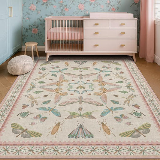 Butterfly Area Rugs 5x7 for Baby Nursery, Cute Light Pink Rugs for Bedroom Girls, Living Room, Kids Room Playroom Reading Corner, Washable Ultra Soft Stain Resistant Floral Floor Decor