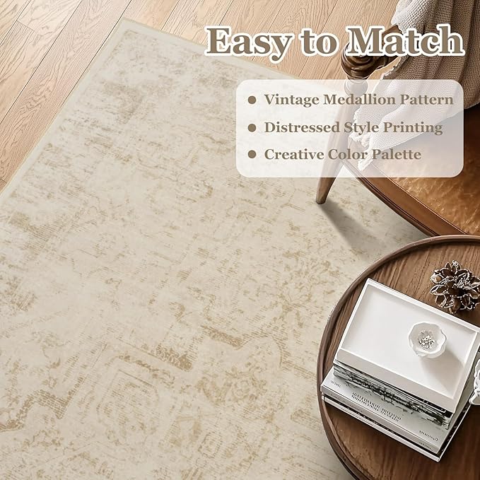 Neutral Beige Round Rugs 5ft, Washable Non Slip Thin Circle Rugs for Bedroom Living Room, Traditional Medallion Printed Circle Carpet 5 feet for Kitchen Dining Room