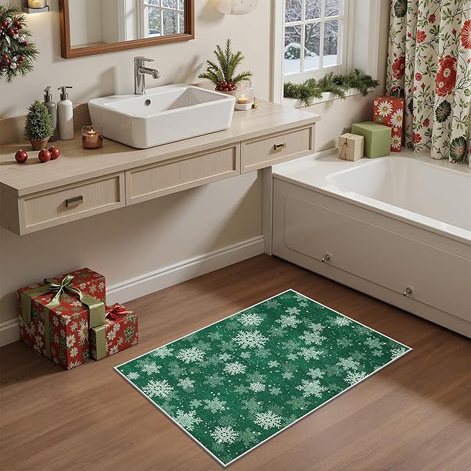 2x3 Christmas Doormat for Entryway, Washable Christmas Rugs Bathroom，Snowflake Front Porch Runner Rug，Non-Slip Green Christmas Rug Indoor(2'x3', Green/White)