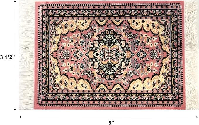 3-Piece Carpet-Style Desk Set – Pink Mouse Pad, Mini Rug Coaster & Bookmark, Colorful Elegant Office Accessories, Novelty Gift