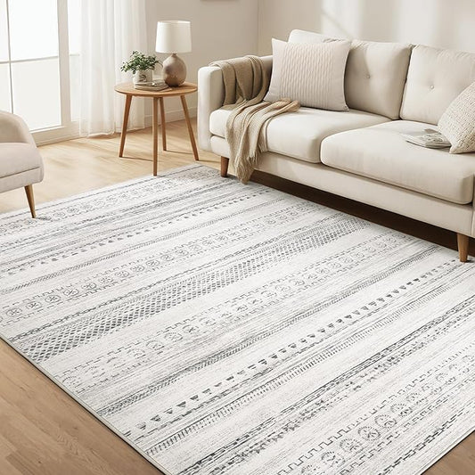 Area Rug Living Room Rugs - 7X9 Washable Boho Farmhouse Bohemian Neutral Large Moroccan Geometric Soft No Slip Indoor Thin Floor Carpet for Bedroom Under Dining Table Home Office - Grey