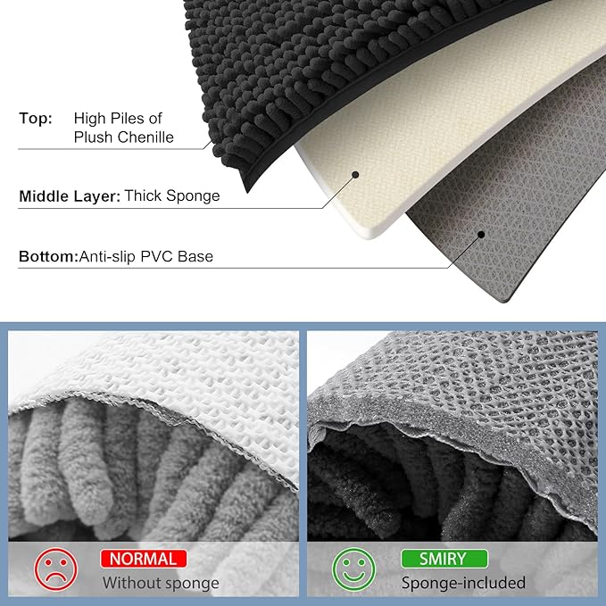 Smiry Luxury Chenille Toilet Rugs U-Shaped 24x20, Soft Absorbent Non-Slip Contour Bathroom Rugs for Toilet, Machine Washable Contoured Bath Mats, Black