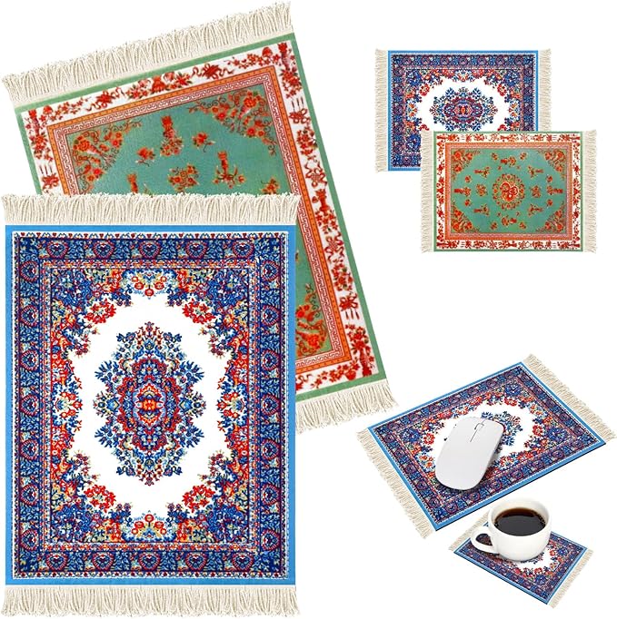 Hushee 4 Pcs Style Carpet Mouse Pad Mini Vintage Coasters Oriental Mouse Pad Floral Pattern Graduation Gift Rug with Anti Slip Rubber Base for Doll House Desk(Novel Style)