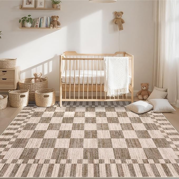 GarveeHome Brown Checkered Rug 5×7 Area Rugs for Living Room，Geometric Tan Brown Print Non-Slip Washable Rug Soft Low-Pile, Neutral Modern Farmhouse Rugs for Bedroom Dining Room Office