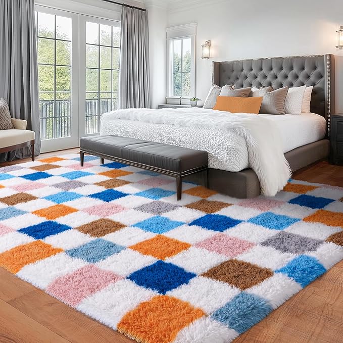 Checkered Rug 4x6 for Bedroom, Fluffy Plush Area Rug Non Slip, Modern Indoor Shag Rugs for Living Room Girls Kids Room Nursery Dorm Home Decor, Colorful Rainbow Carpet