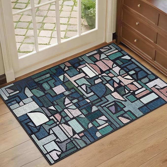 DEXDE Entryway Area Rugs 2x3 Vintage, Non Slip Washable Low Pile Throw Checkered Rug Modern Abstract Door Mat Indoor Soft Small Carpet for Entrance Bedroom Bathroom Laundry, Blue
