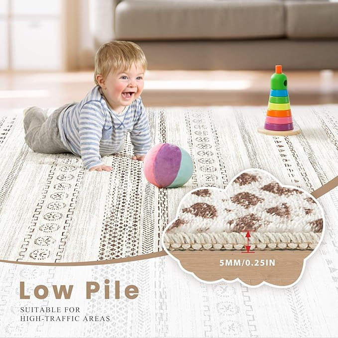 Area Rug Living Room Rugs - 2X3 Washable Boho Farmhouse Bohemian Neutral Large Moroccan Geometric Soft No Slip Indoor Thin Floor Carpet for Bedroom Under Dining Table Home Office - Brown