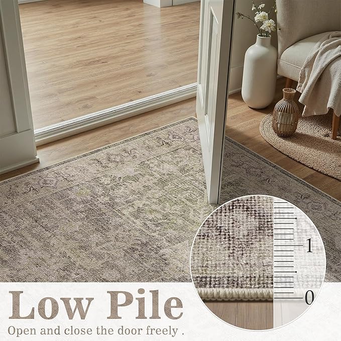 DCX Living Room Rugs 5x7, Non Slip Area Rugs for Bedroom, Dining Room, Home Office, Farmhouse Distressed Stain Resistant Rugs Low Pile Soft Large Vintage Carpet, Greige& Dark Green