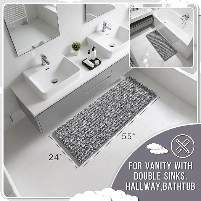 Yimobra Bathroom Runner Rug 55x24 Inch - Extra Long Non Slip Chenille Bath Mat, Soft & Absorbent, Machine Washable Shaggy Hallway Carpet for Vanity Tub Shower, Gray Home Decor Accessories