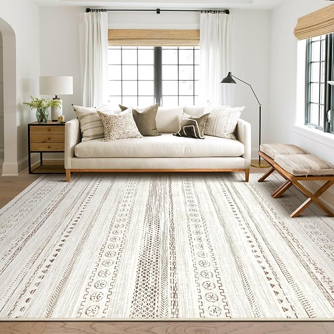 Area Rug Living Room Rugs - 9x12 Washable Boho Farmhouse Bohemian Neutral Large Moroccan Geometric Soft No Slip Indoor Thin Floor Carpet for Bedroom Under Dining Table Home Office - Brown