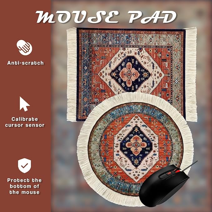 2Pcs Persian Style Carpet Mouse Pad Set – Vintage Bohemian Rug Desk Pads, Non-Slip Computer Mouse Mats with Fringed Edges, Rectangular & Round Designs, Elegant Decor for Home & Office Accessories