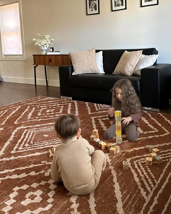 Area Rug 5x7 Rug Machine Washable Non-Slip Low Pile Print Pattern Western Rug for Living Room Bedroom Entryway Tribal Series -Yellowbrown/Cream