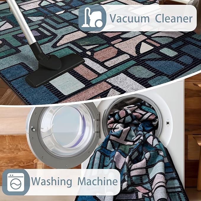 DEXDE 5x7 Area Rug, Vintage Checkered Abstract Rugs for Living Room, Non Slip Washable Large Low Pile Soft Modern Floor Carpet for Dining Room Bedroom Kitchen Office Nursery Playroom, Blue