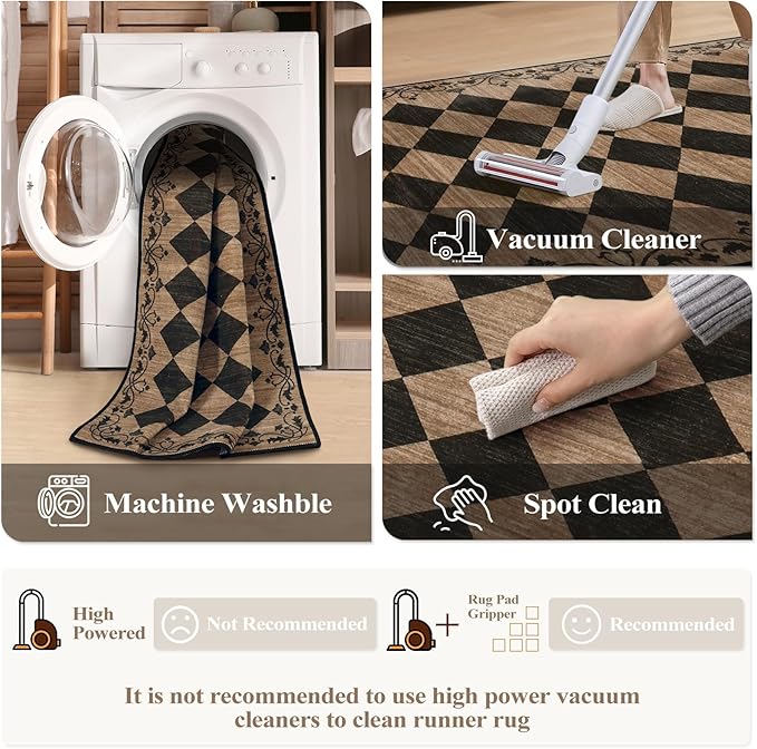 Beeiva Checkered Kitchen Runner Rug 2x6 Vintage Washable Runners for Hallways Non Slip Ultra Thin, Moroccan Framhouse Bathroom Runner Fall Brown Print Entryway Laundry Besides Home Decor (Brown/Black)