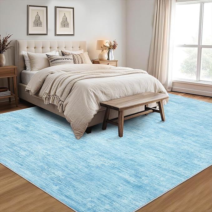 Area Rug 5x7 Machine Washable Area Rug for Living Room Non-Slip Stain Resistant Modern Abstract Bedroom Rug Contemporary Solid Throw Rug Foldable Accent Floor Carpet for Dining Room, Blue