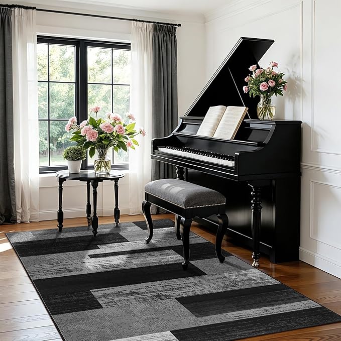4x6 Washable Area Rugs for Living Room and Bedroom, Vintage Checkered Pattern Non-Slip Carpet, Stain Resistant Low Pile Soft Rug for Dining Room,Office,Nursery,Kids Room(4x6,Gray)