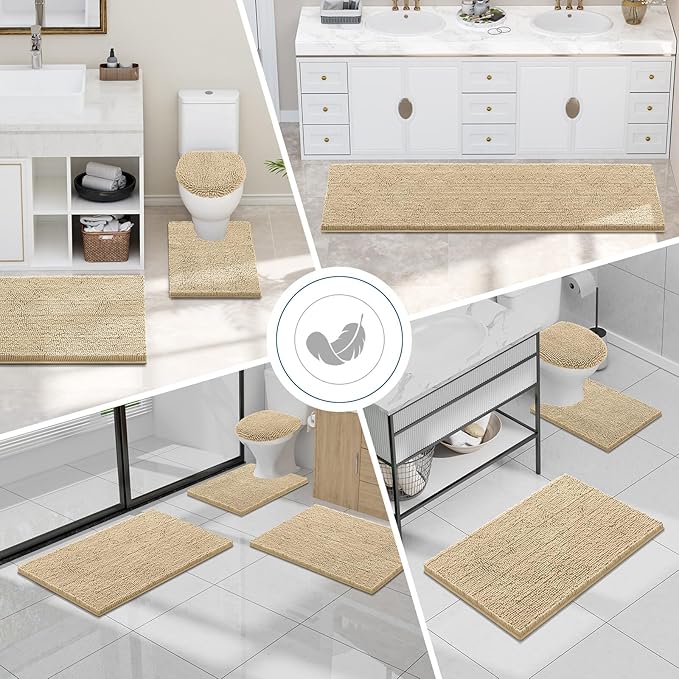 Smiry Luxury Chenille Bathroom Rugs 24x16, Extra Soft and Absorbent Shaggy Bath Mat, Machine Washable, Non-Slip Plush Carpet Runner for Tub, Shower, and Floor, Home Decor Accessories, Beige