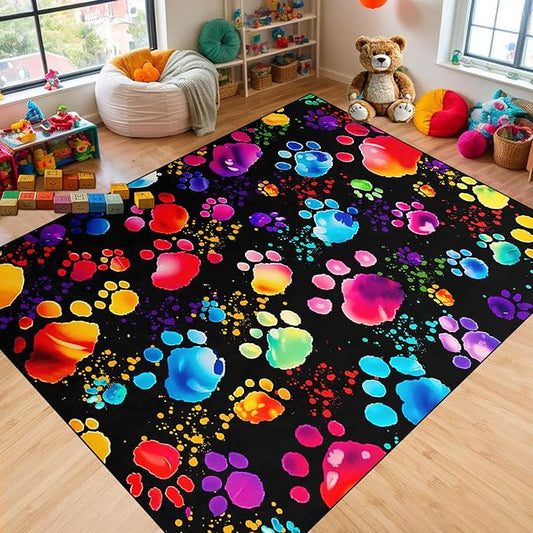 Paw Print Rug - Cute Colorful Dog Cat Paw Print Rugs Cartoon Animal Claw Carpet for Kids Bedroom Cute Animal Paw Themed Decorative Carpet for Playroom Soft Decor for Classroom,3'×5'