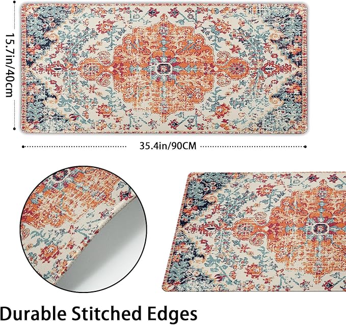Orange Teal Boho Gaming Mouse Pad XXL Vintage Rug Bohemian Extended Large Desk Mat Big Mousepad Non-Slip Rubber Base Stitched Edge Long Mousepad for Desktop Office PC Gamer, 35.4 x 15.7 Inch
