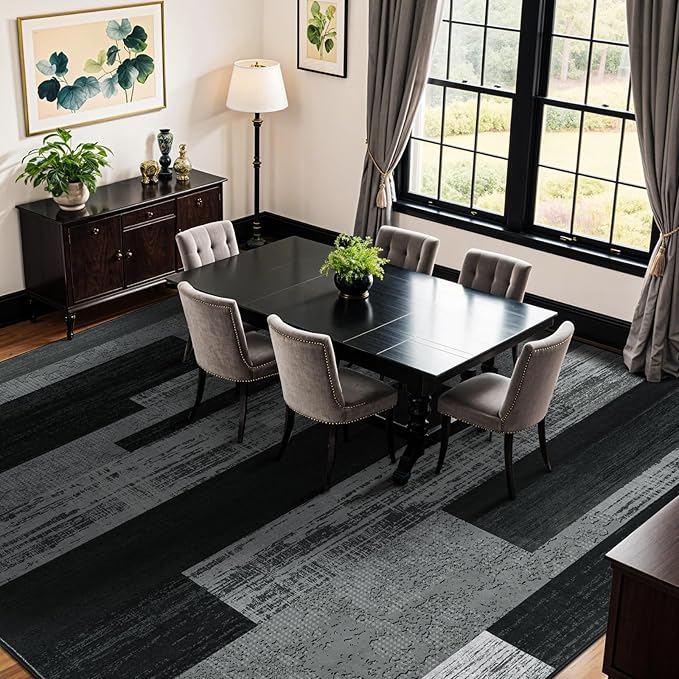 9x12 Washable Area Rugs for Living Room and Bedroom, Vintage Checkered Pattern Non-Slip Carpet, Stain Resistant Low Pile Soft Rug for Dining Room,Office,Nursery,Kids Room(9x12,Gray)